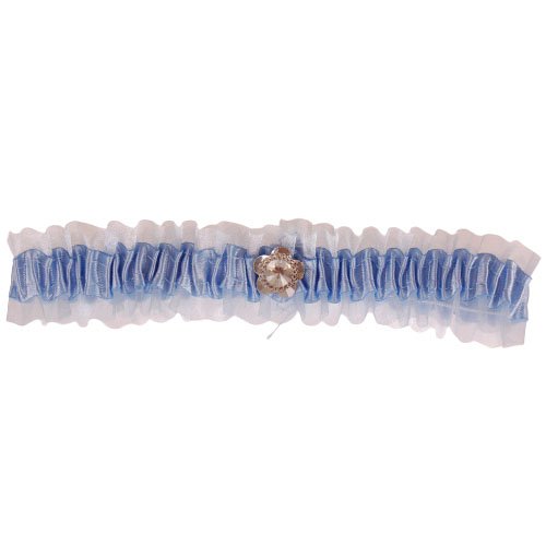 Kousenband grote maat - blauw met strass bloemetje