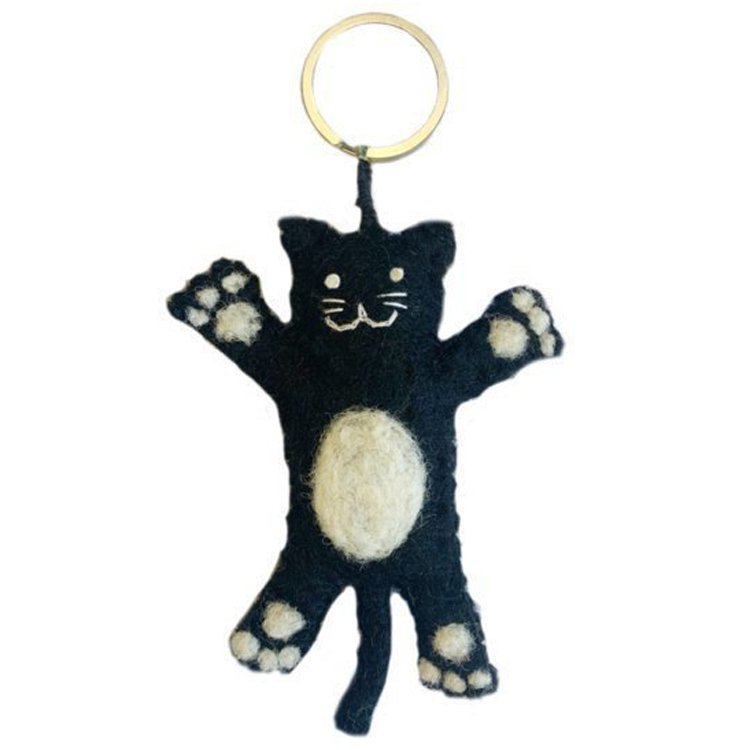 Vilten sleutelhanger/tashanger kat zwart/wit - 9cm