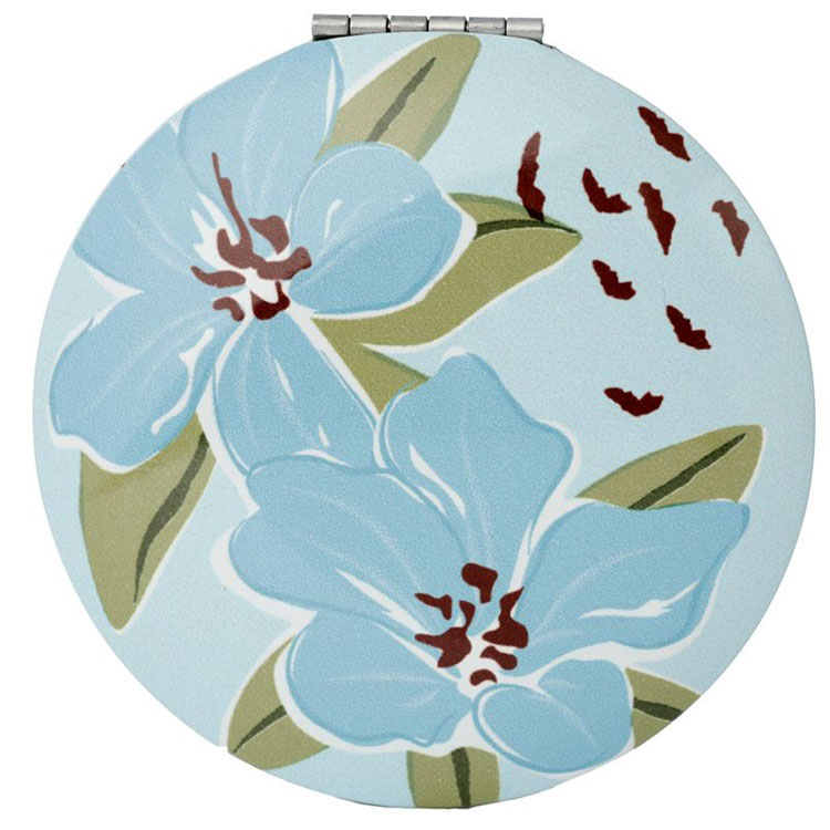 Compact Make Up Spiegeltje Florens met Blauwe Bloemen - Lichtblauw - 6,5cm