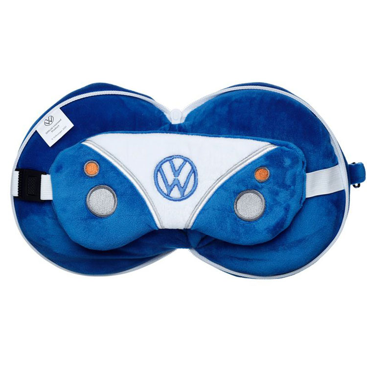 Reiskussen & Slaapmasker Volkswagen Busje VW T1 Rond - Blauw - Hoogte 15cm Breedte 15cm Diepte 10cm Open 15x27x6.5cm