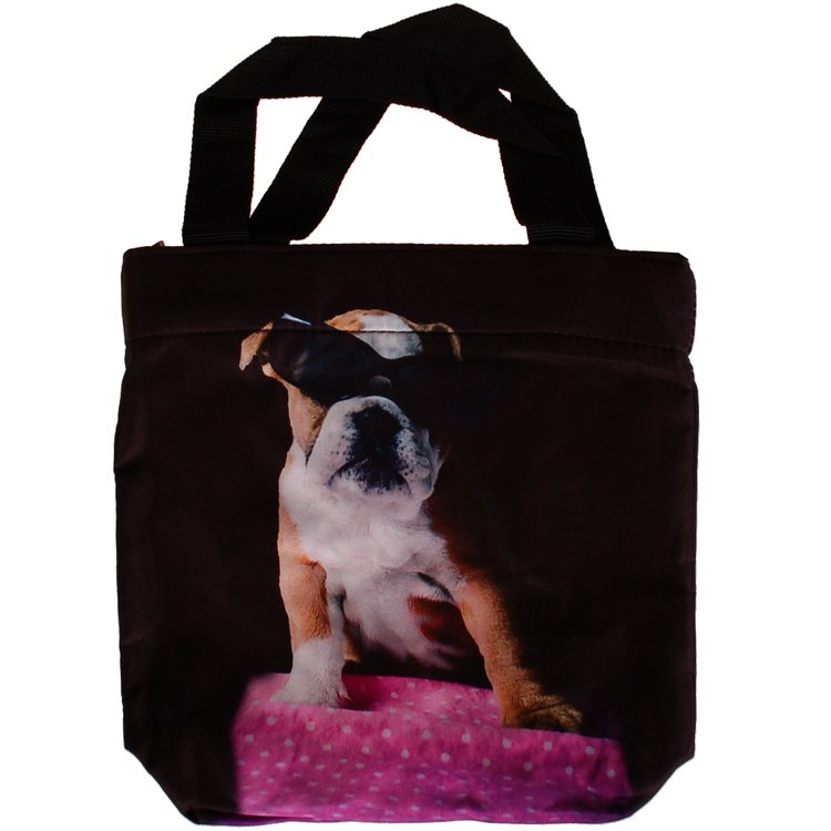 Schoudertasje/Handtasje zwart met Engelse Bulldog met bril - 21x21cm