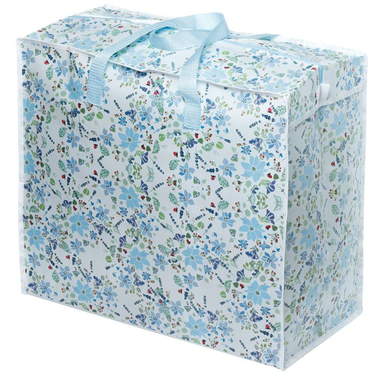 Grote Boodschappentas met rits met Blauwe Bloemen - Lichtblauw - 48x55x28cm