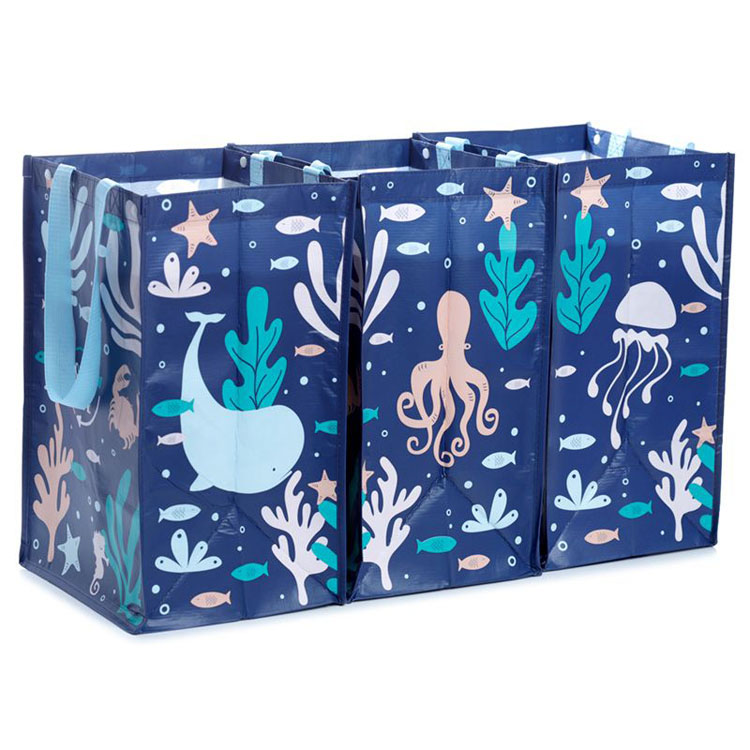 Recycletassen set van 3 Bloemen Zeedieren in de Zee RPET - Blauw - 45x25x29cm