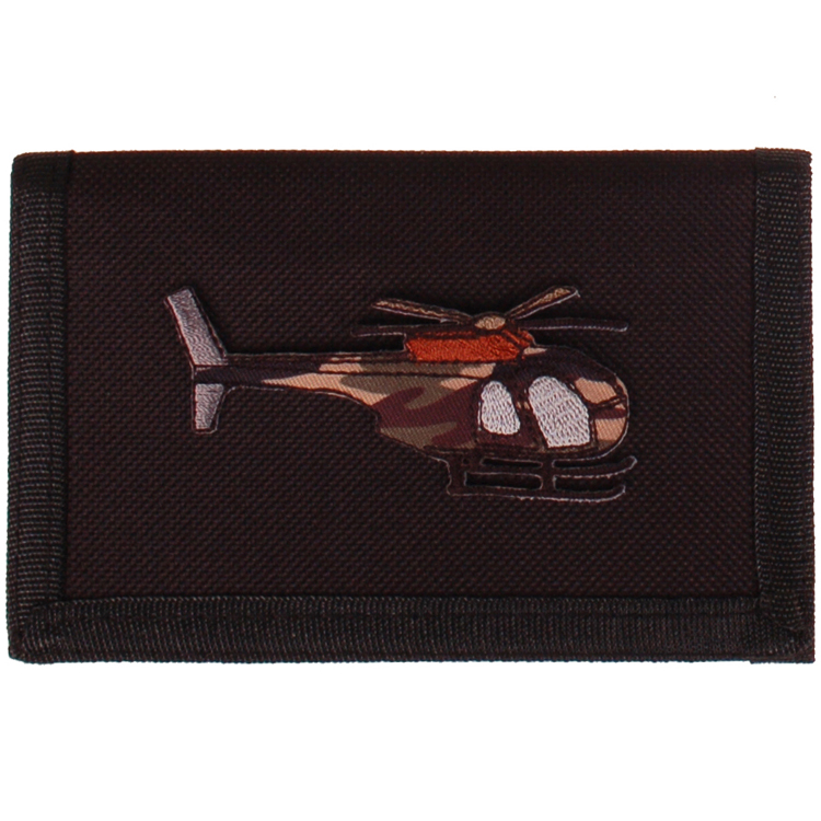 Zwarte klittenbandportemonnee 12x9cm - Applicatie Legerhelikopter camouflage 7x4cm